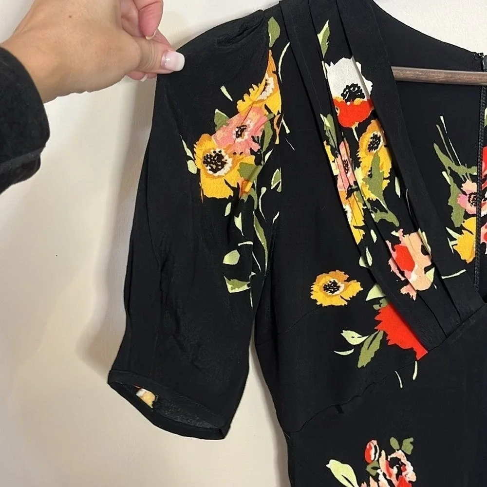 Free People Neon Garden Black Floral Print‎ Mini Dress Size 0 V Neck Multi Color